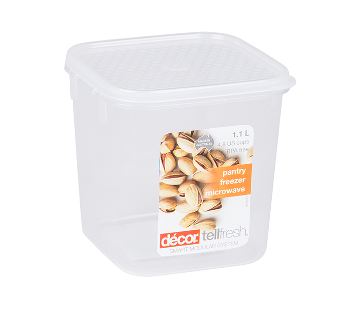 Décor Tellfresh Contenitore Per Alimenti Quadrato 1,125L - Ermetico, Impilabile, Adatto A Microonde E Lavastoviglie, Per Dispensa E Frigo