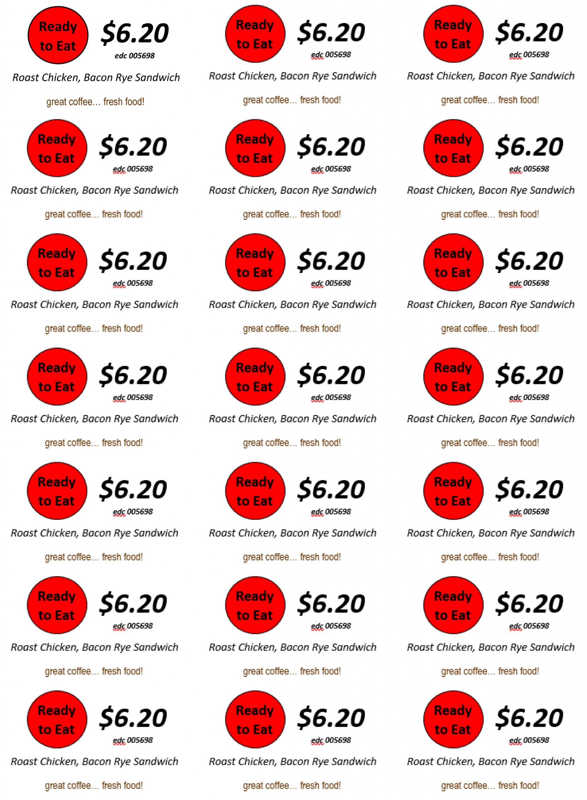 Freedom Labels Ready To Eat Roast Chicken, Bacon Rye Sandwich 005698